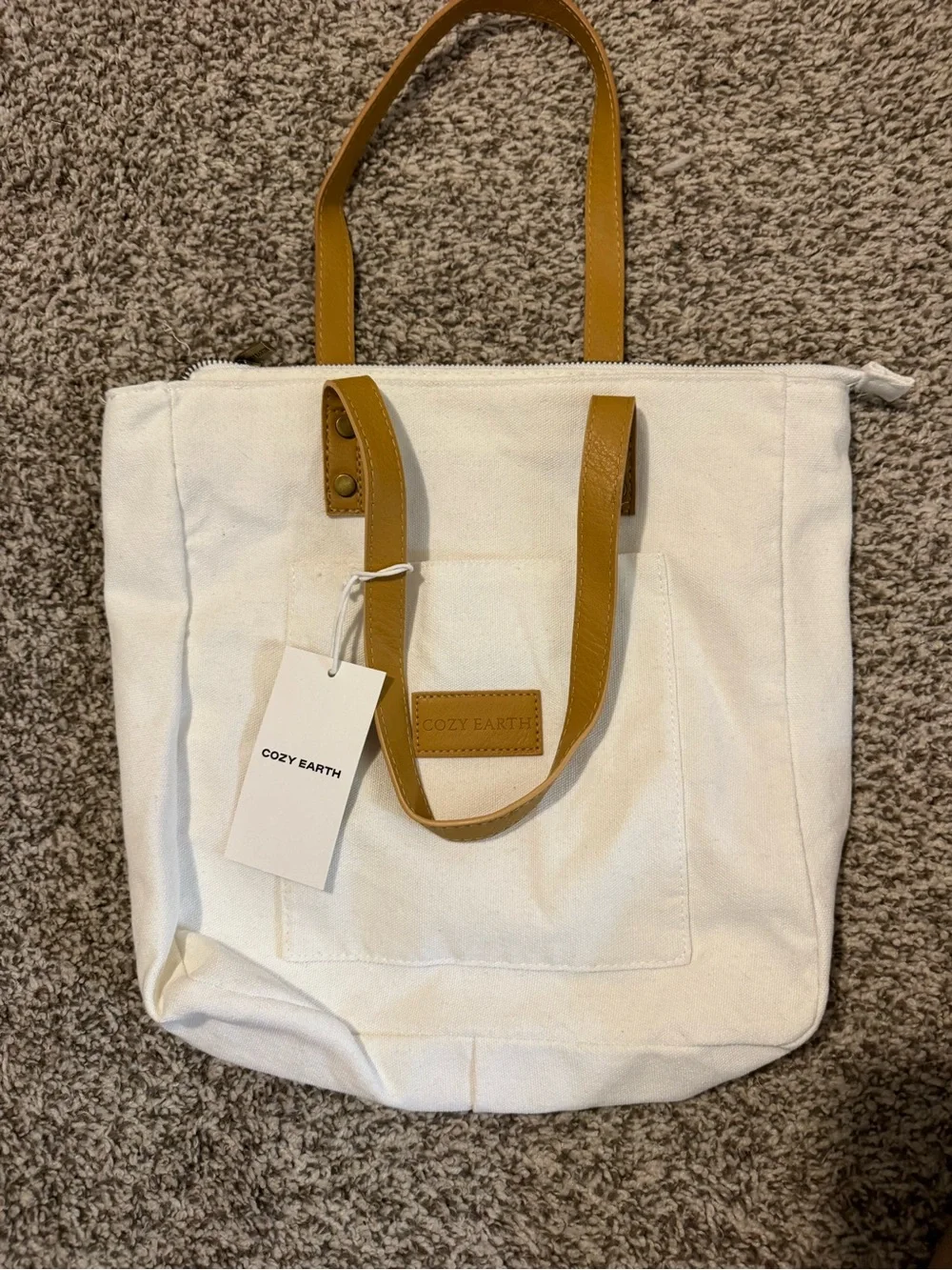 Cozy Earth White Canvas Tote with Tan Leather-Accent Handles